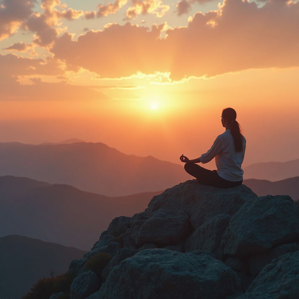 Person meditating on mountain top